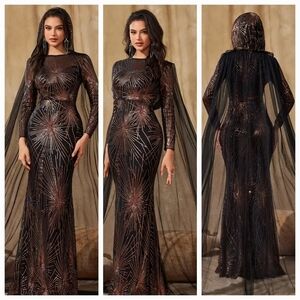 Black Sequin Embellished Gown with Bishop Sleeves